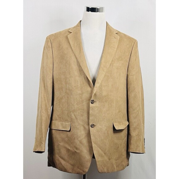 Chaps 44L Sport Coat Sueded Polyester Beige Floral Lining Two Button Vented - Picture 2 of 8